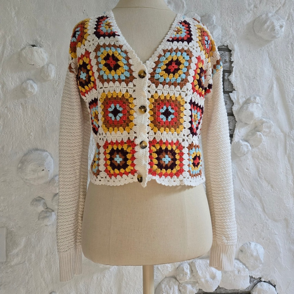 SO Goods For Life Crochet Granny Square Cardigan Sweater Multi Color Womens M
